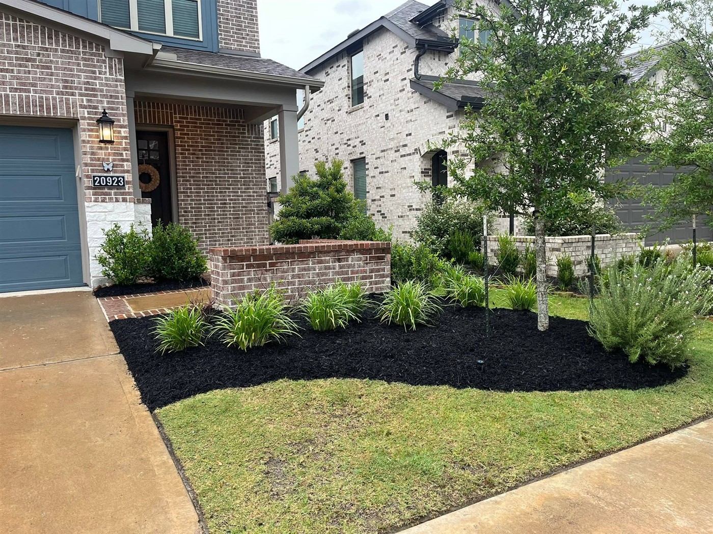 Fresh mulch beds and new plants along a driveway by Arvo Landscapes, Cypress TX