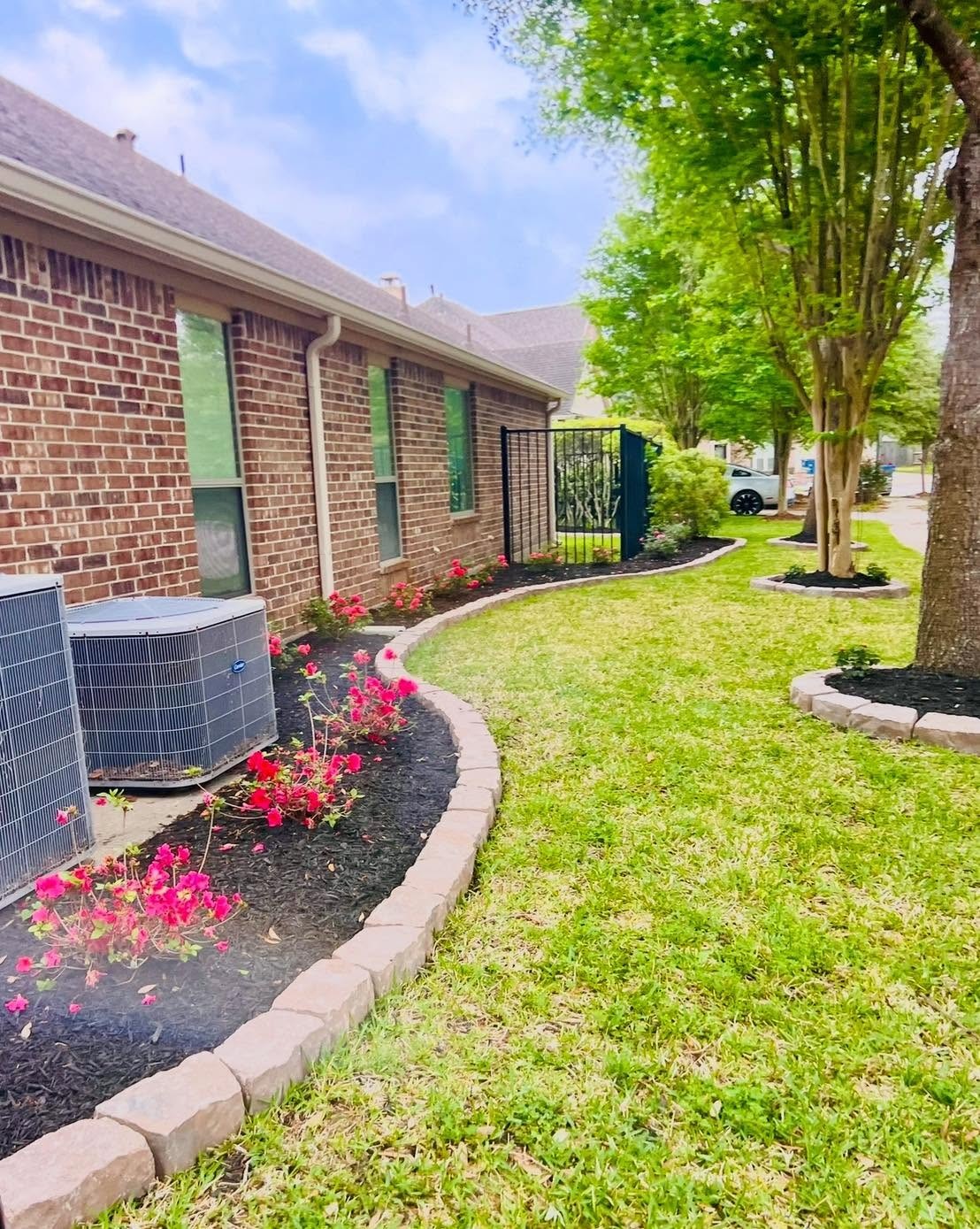 Stone-edged flower bed with blooming color by Arvo Landscapes, Cypress TX
